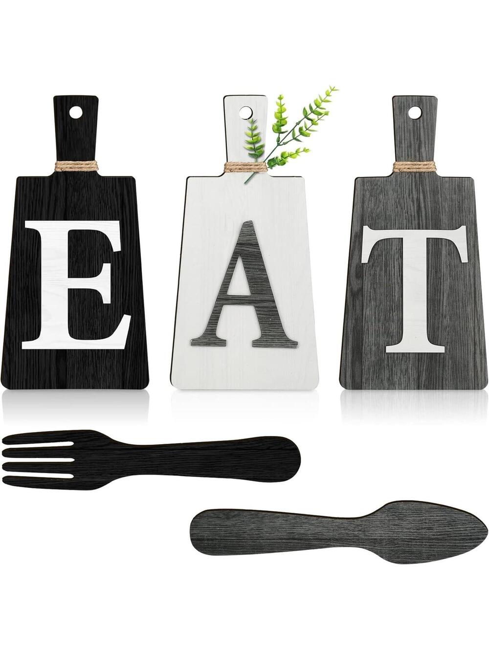 Wooden Kitchen Wall Decor Set 'EAT' with Fork and Spoon - Black, White, Gray